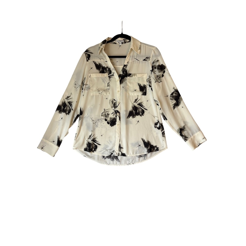 Express Button Up Shirt Womens Ivory Black Floral Long Sleeve SIZE Medium